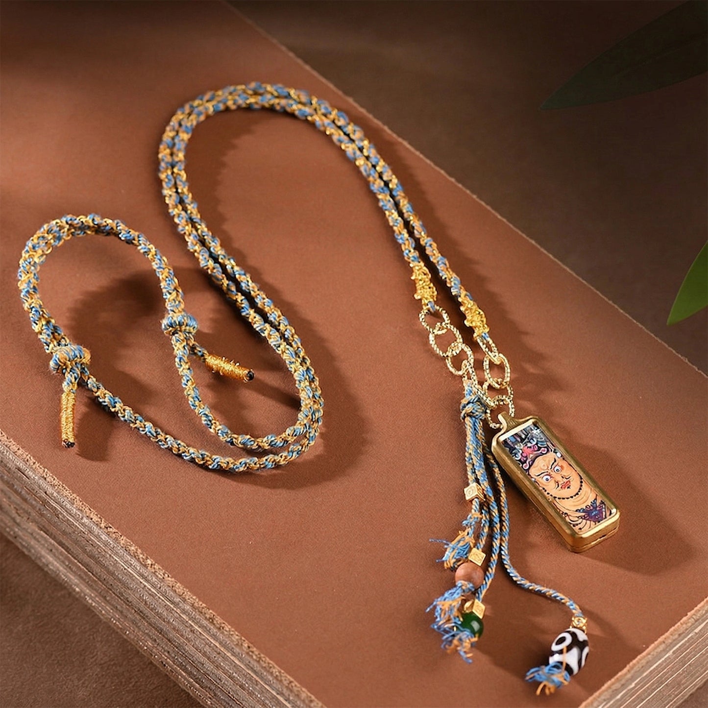 Mulstio Hand-Painted Thangka Empowerment Necklace Artisanal Hand-Woven Protection Amulet with Thangka Art Stone