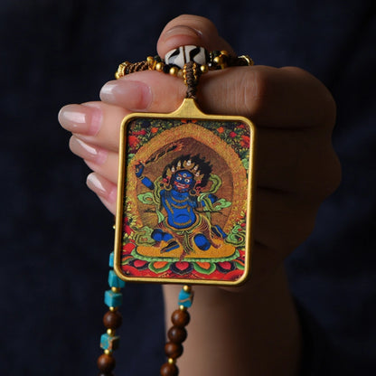 Handcrafted Tibetan Dzi Bead Necklace with Mahakala Thangka Pendant - Empowering Protection Amulet