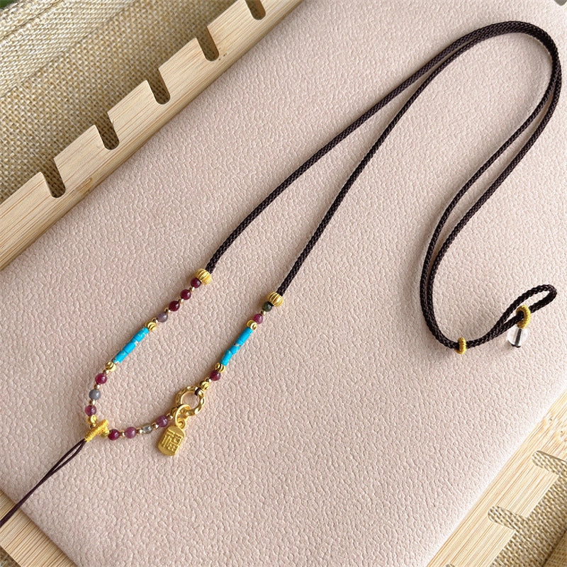 Handmade Woven Necklace Cord with Turquoise and Tourmaline Empowering Amulet String