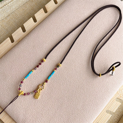 Handmade Woven Necklace Cord with Turquoise and Tourmaline Empowering Amulet String