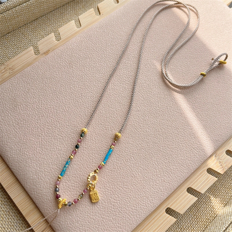 Handmade Woven Necklace Cord with Turquoise and Tourmaline Empowering Amulet String