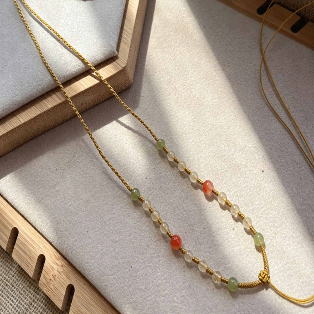 Mulstio Handwoven Crystal Cord Necklace Hetian Jade Rutilated Quartz Empowerment Healing Amulet