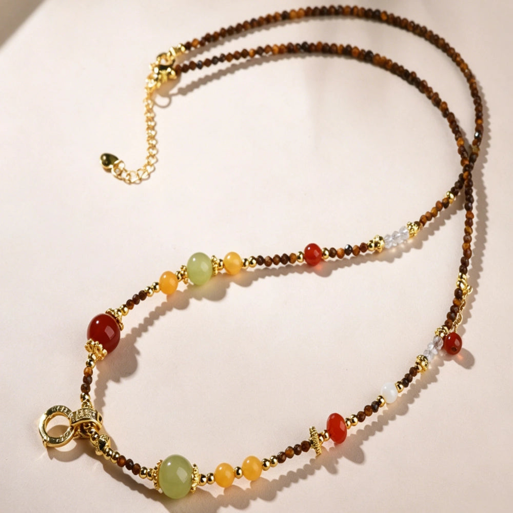 Mulstio Natural Tiger Eye Multi Gemstone Necklace for Women Confidence and Abundance Choker