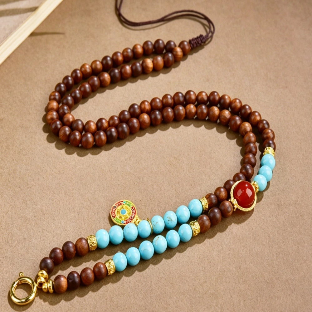 Mulstio Wisdom Mala Mala Bead Necklace Natural Turquoise Pearwood Balance Empowerment Talisman
