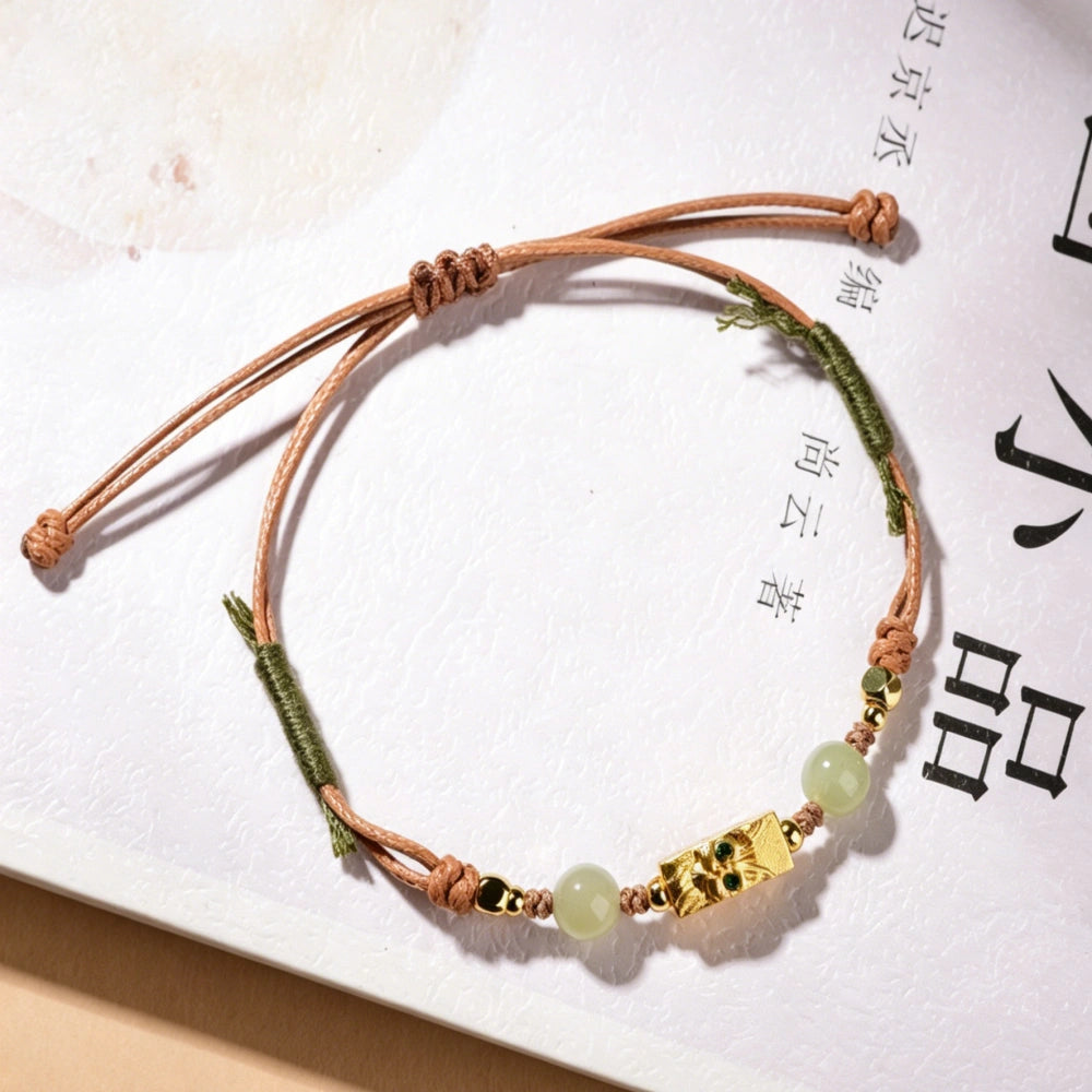 Mulstio Handcrafted Jade Cat Charm Braided Bracelet Inner Peace Energy Jewelry for Women