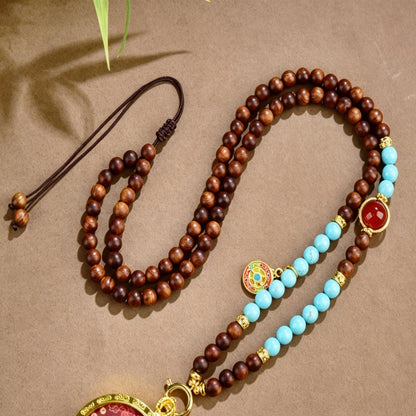 Mulstio Wisdom Mala Mala Bead Necklace Natural Turquoise Pearwood Balance Empowerment Talisman