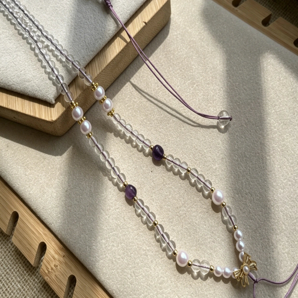 Mulstio Clear Crystal Butterfly Pendant Cord Pearl Healing Necklace for Women