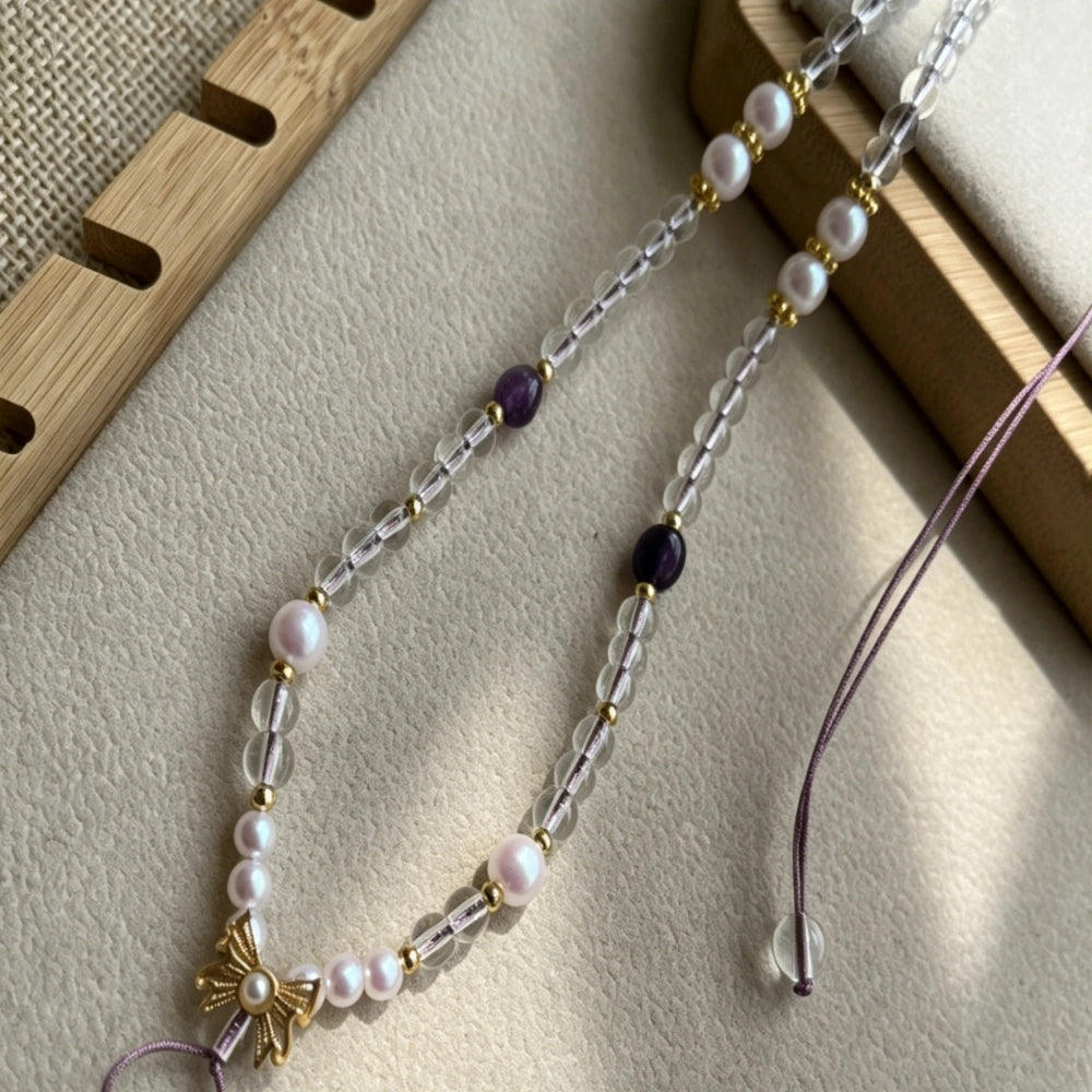 Mulstio Clear Crystal Butterfly Pendant Cord Pearl Healing Necklace for Women