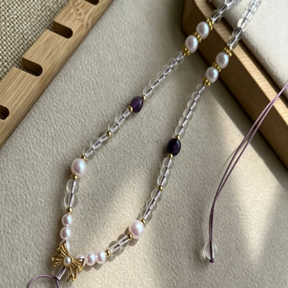 Mulstio Clear Crystal Butterfly Pendant Cord Pearl Healing Necklace for Women