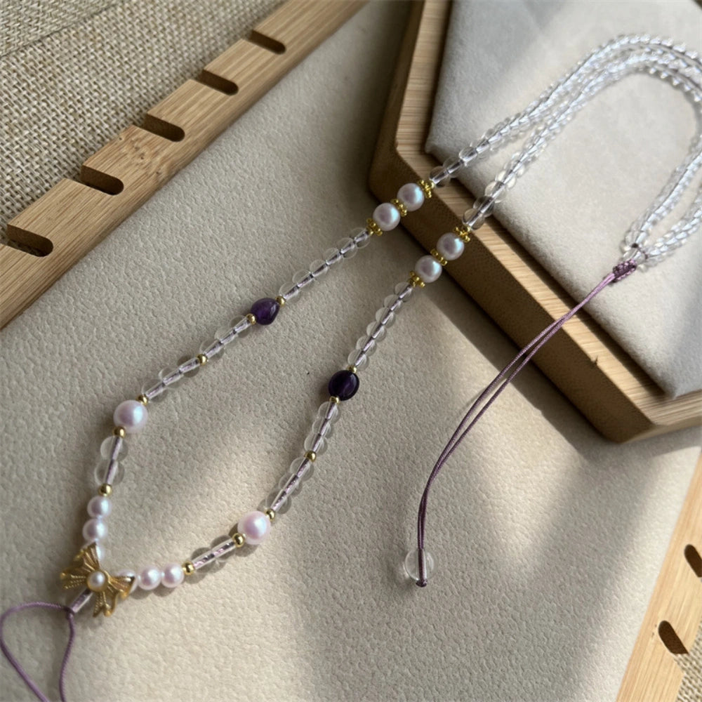 Mulstio Clear Crystal Butterfly Pendant Cord Pearl Healing Necklace for Women