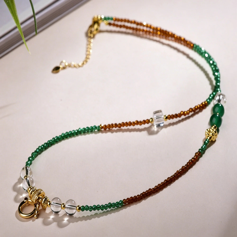 Mulstio Dual Tone Green Agate Multi Treasure Necklace for Empowering Modern Women Crystal Statement Choker
