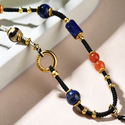 Mulstio Neo Chinese Southern Red Agate and Lapis Lazuli Healing Crystal Necklace Rope for Female Empowerment