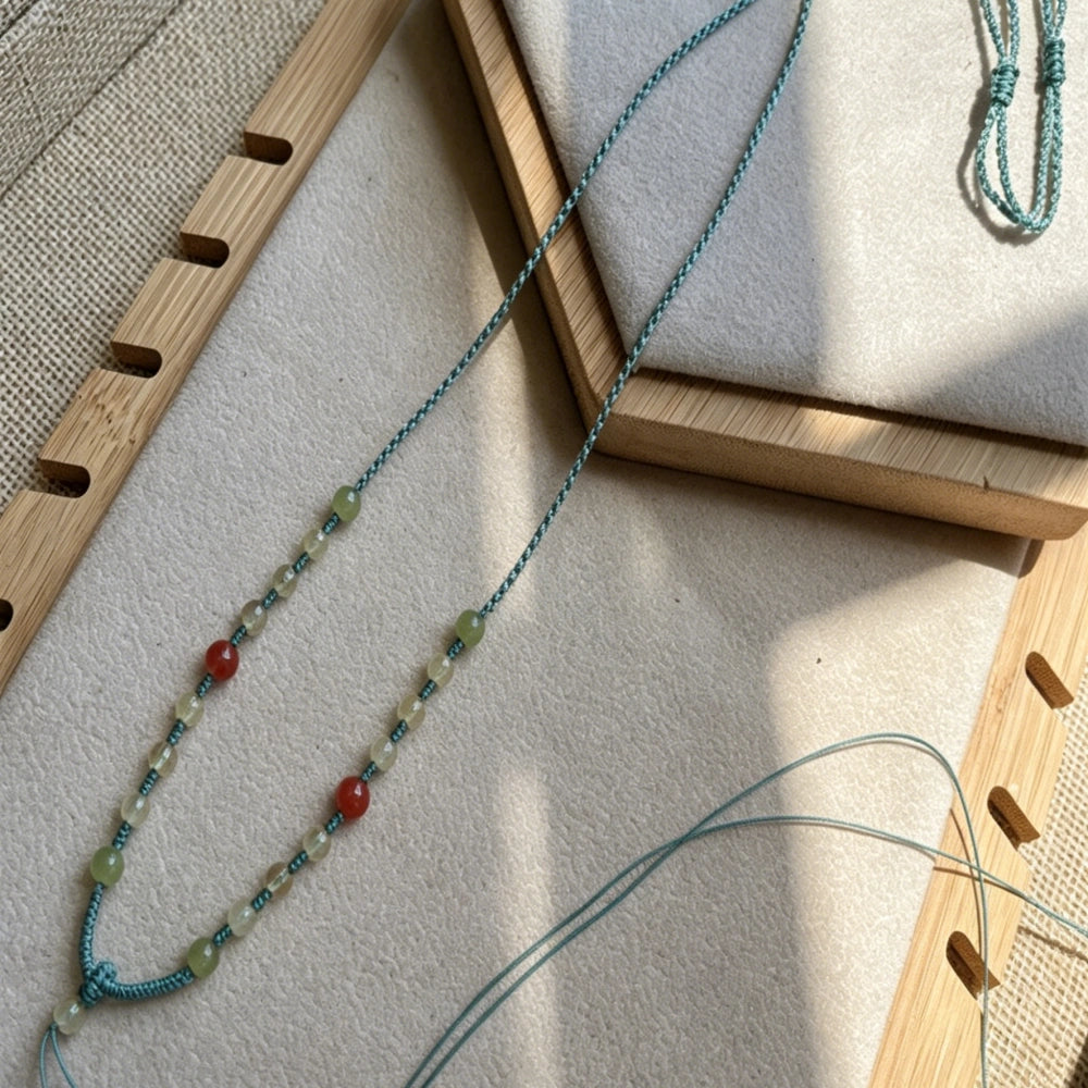 Mulstio Handwoven Crystal Cord Necklace Hetian Jade Rutilated Quartz Empowerment Healing Amulet
