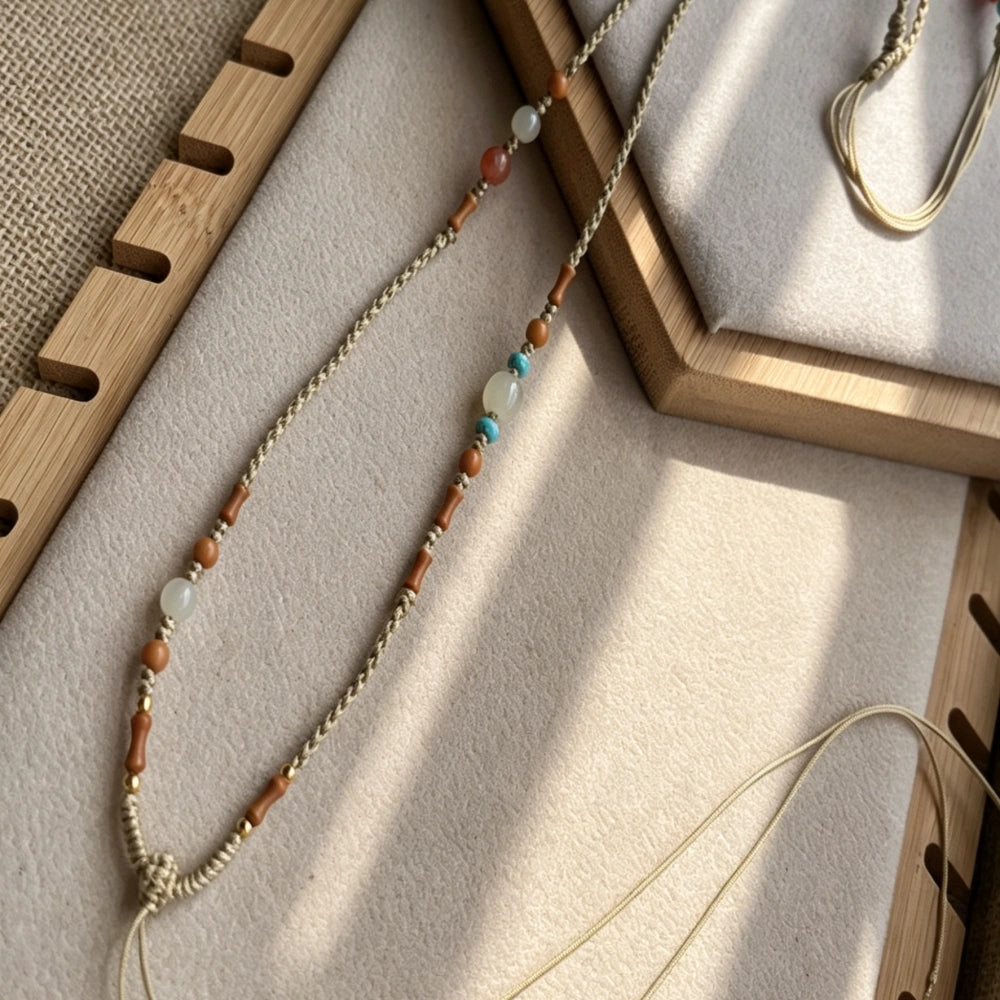 Mulstio Multi Stone Beaded Pendant Cord Hetian Jade Necklace Spiritual Empowerment Jewelry