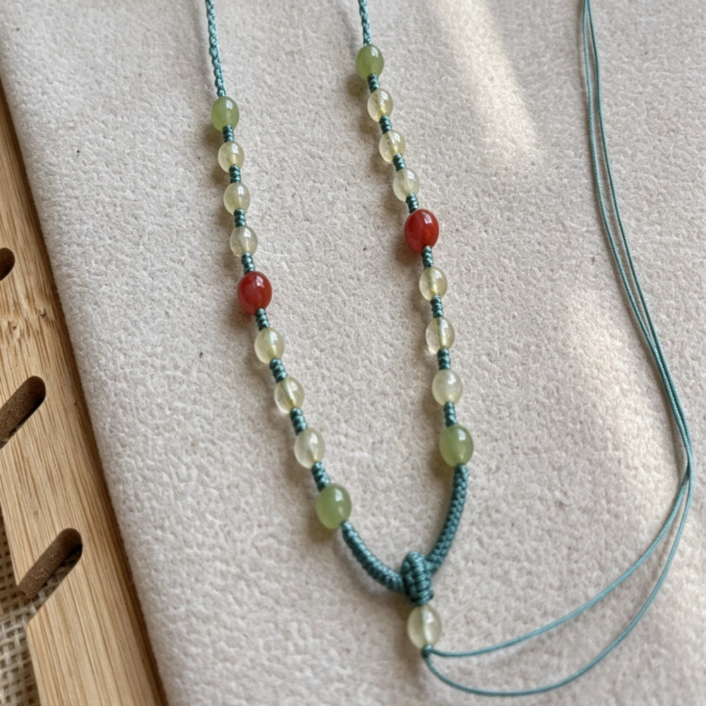 Mulstio Handwoven Crystal Cord Necklace Hetian Jade Rutilated Quartz Empowerment Healing Amulet