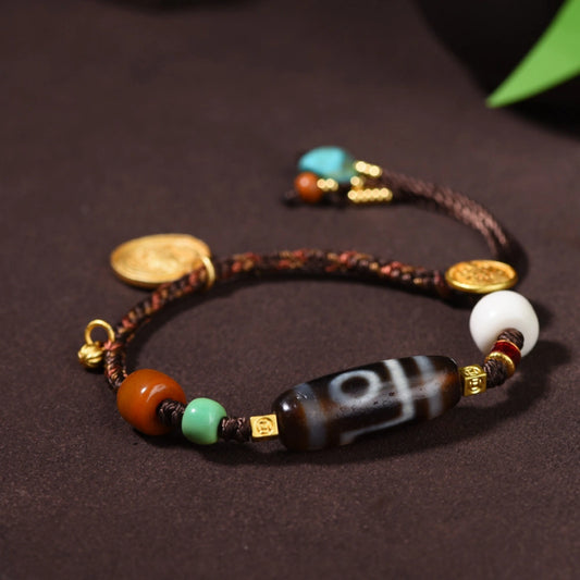 Authentic Two Eyed Dzi Bead Bracelet Agate Healing Stone Empowerment Jewelry for Women