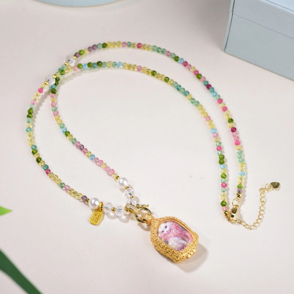 Nine Tailed Fox Thangka Pendant Multi Color Tourmaline Style Crystal Necklace Emotional Empowerment Jewelry