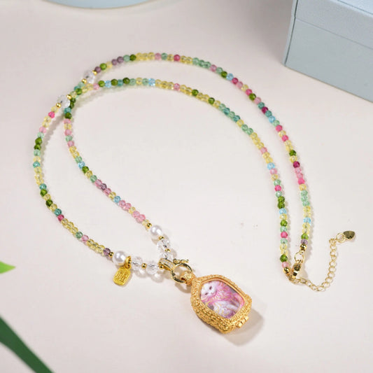 Nine Tailed Fox Thangka Pendant Multi Color Tourmaline Style Crystal Necklace Emotional Empowerment Jewelry
