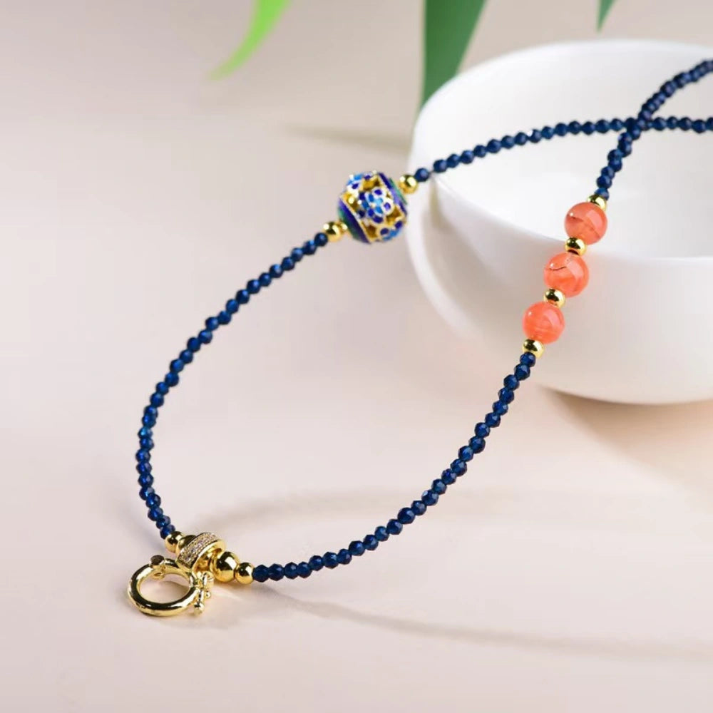 Modern Oriental Blue Zircon Necklace with Southern Red Agate Empowering Spiritual Protection Choker