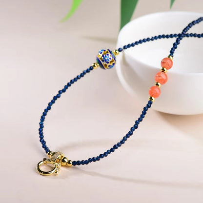 Modern Oriental Blue Zircon Necklace with Southern Red Agate Empowering Spiritual Protection Choker