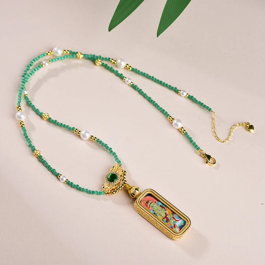 Green Tara Thangka Pendant Emerald Glass Pearl Choker Empowerment Necklace