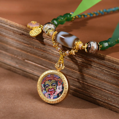 Tibetan Dzi Bead Necklace Zaki Lhamo Thangka Pendant Hand-Woven Wealth Empowerment Amulet