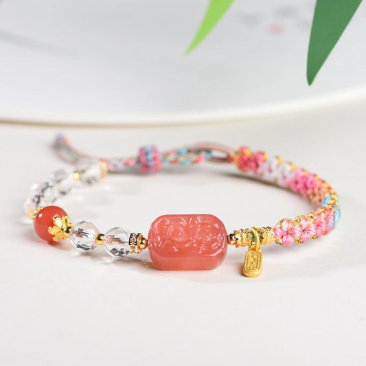 Mulstio Southern Red Agate Peach Blossom Knot Bracelet White Crystal Empowering Handcrafted Jewelry for Vitality