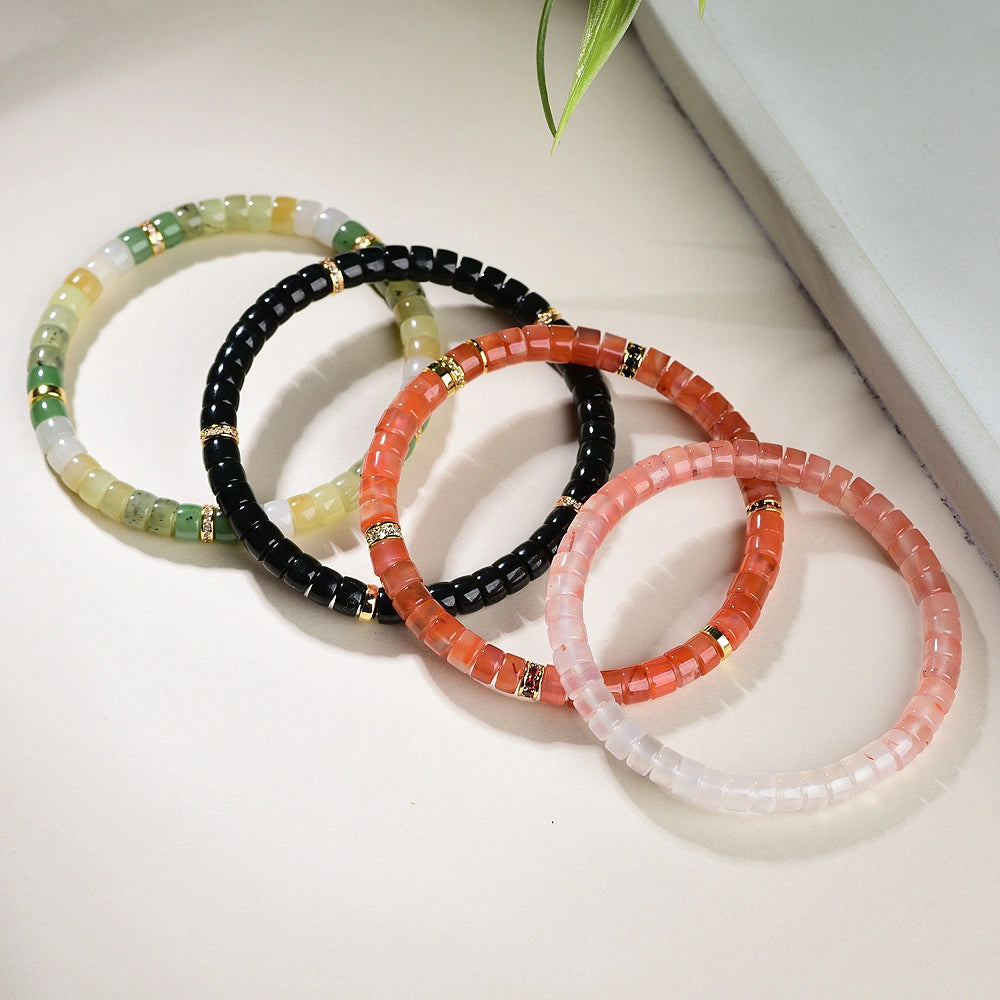 Mulstio Empowerment Bracelet Collection Nan Hong Agate Mo Yu and Hetian Jade Tablet Cut Talisman