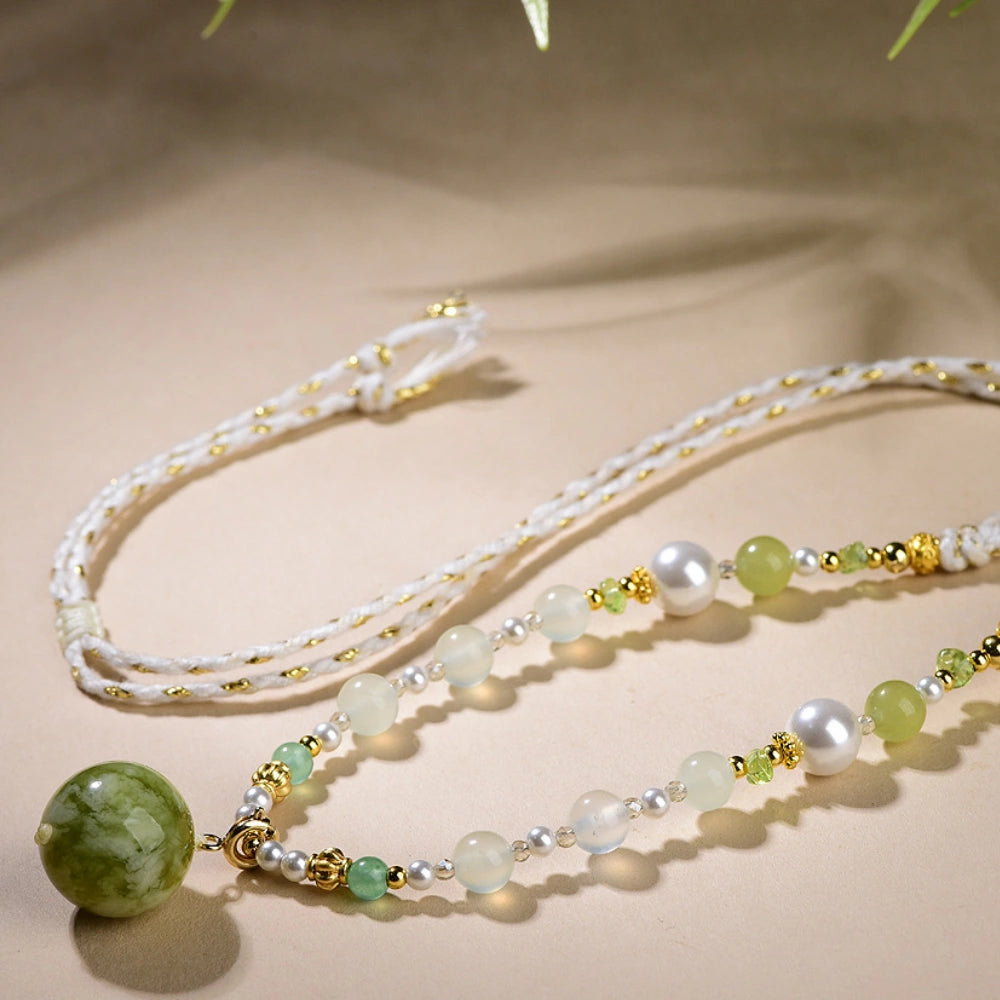 Mulstio Xiuyan Jade Pendant Necklace Hand Woven Sweater Chain for Women Inner Peace