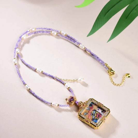 Amethyst Pearl Necklace Zaki Lhamo Thangka Pendant Empowering Spiritual Jewelry