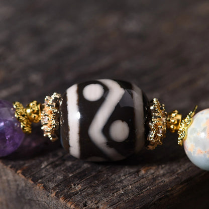 Mulstio Sacred Dzi Bead Multi Gemstone Empowerment Bracelet with Amethyst and Tiger Eye for Inner Balance