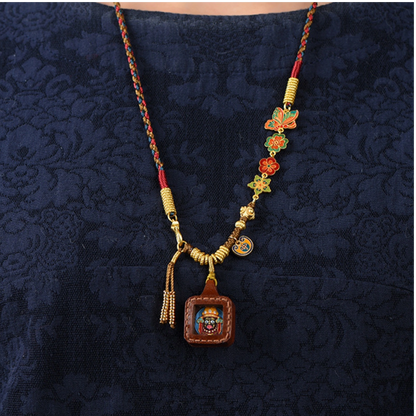 Hand-Woven Copper Enamel Zaki Lhamo Tangka Pendant Necklace – Tibetan Goddess of Fortune for Abundance & Protection