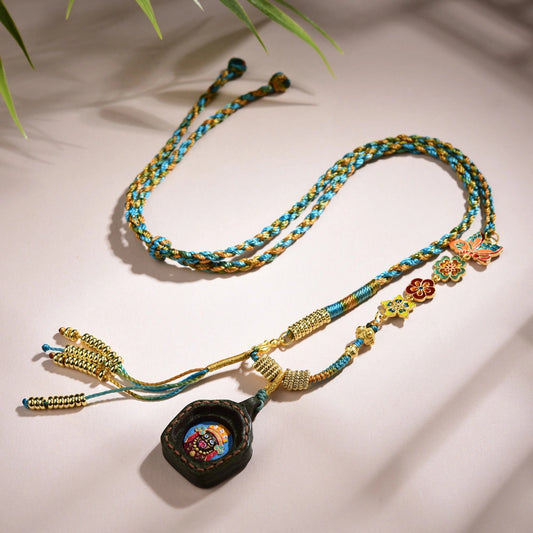 Tibetan Braided Rope Thangka Necklace Leather Amulet Spiritual Abundance Empowering Talisman