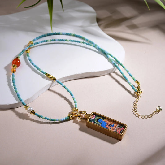 Thangka Pendant Beaded Necklace Turquoise Southern Red Agate Inner Peace Empowerment