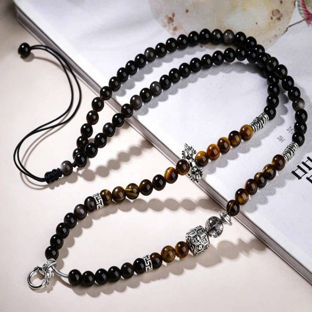 Mulstio Silver Sheen Obsidian Energy Necklace Spiritual Protection Mala Beads for Women Empowering Rituals