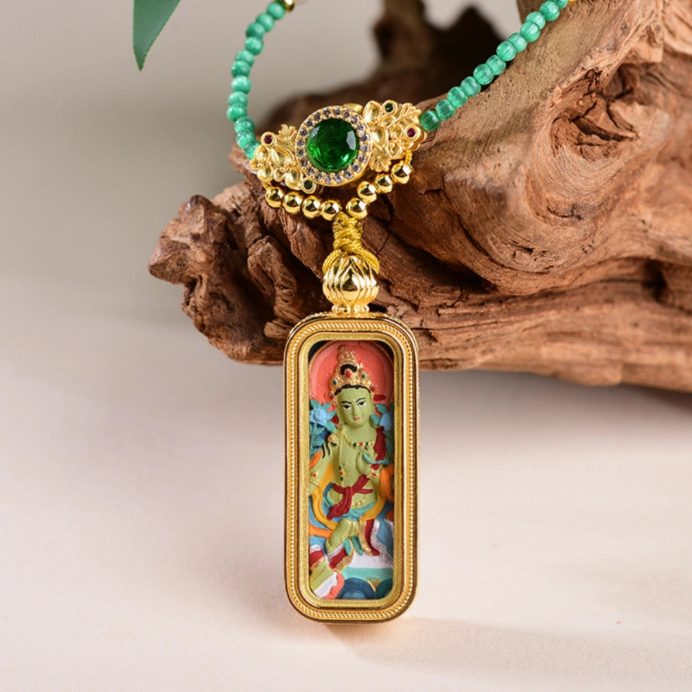 Green Tara Thangka Pendant Emerald Glass Pearl Choker Empowerment Necklace