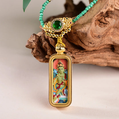 Green Tara Thangka Pendant Emerald Glass Pearl Choker Empowerment Necklace