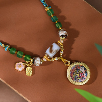 Tibetan Dzi Bead Necklace Zaki Lhamo Thangka Pendant Hand-Woven Wealth Empowerment Amulet
