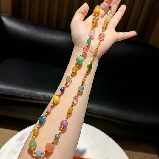 Multicolor Agate and Malay Jade Healing Necklace Multi-Stone Empowerment Beads for Women