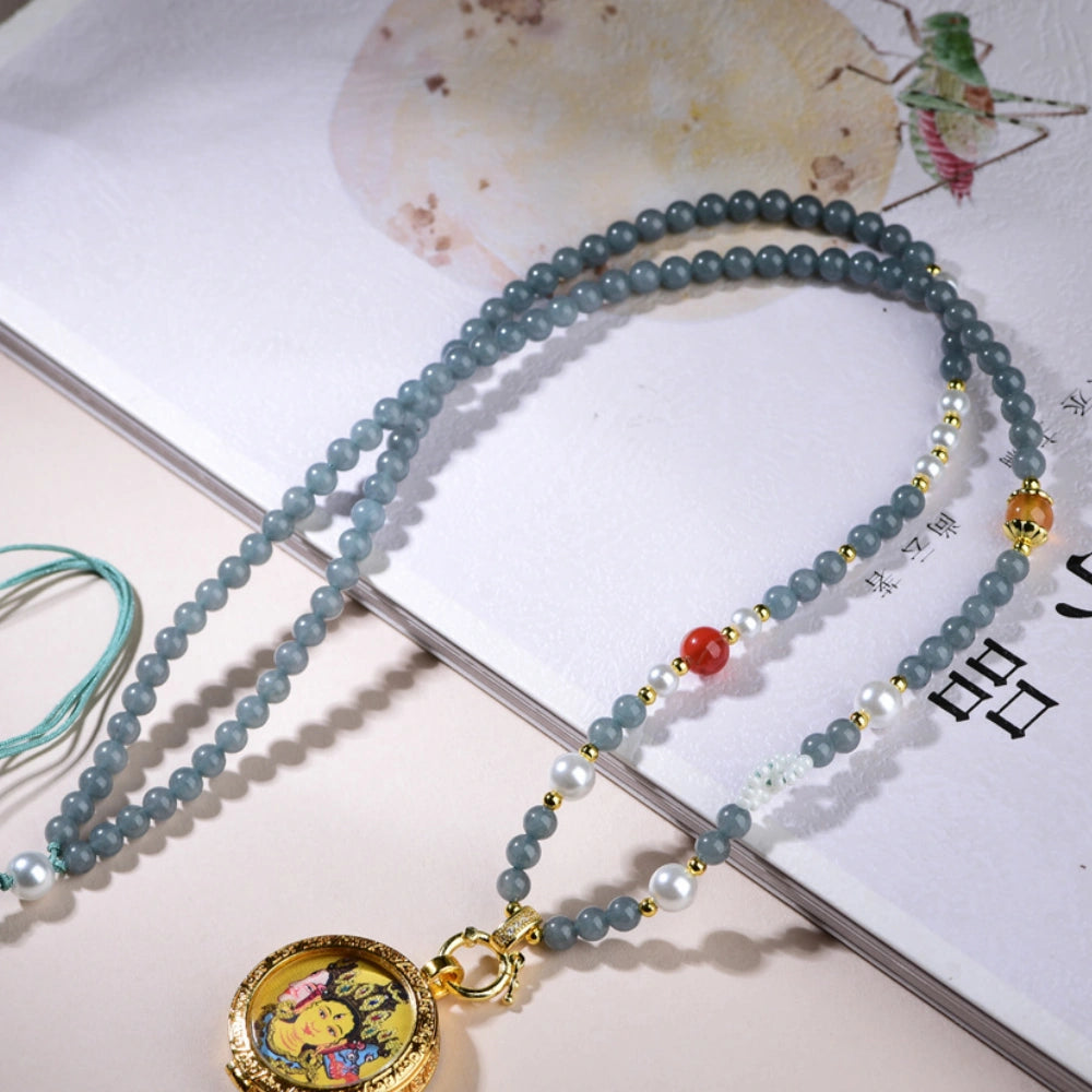 Mulstio Gray Chalcedony Thangka Pendant Necklace Spiritual Empowerment Jewelry for Women