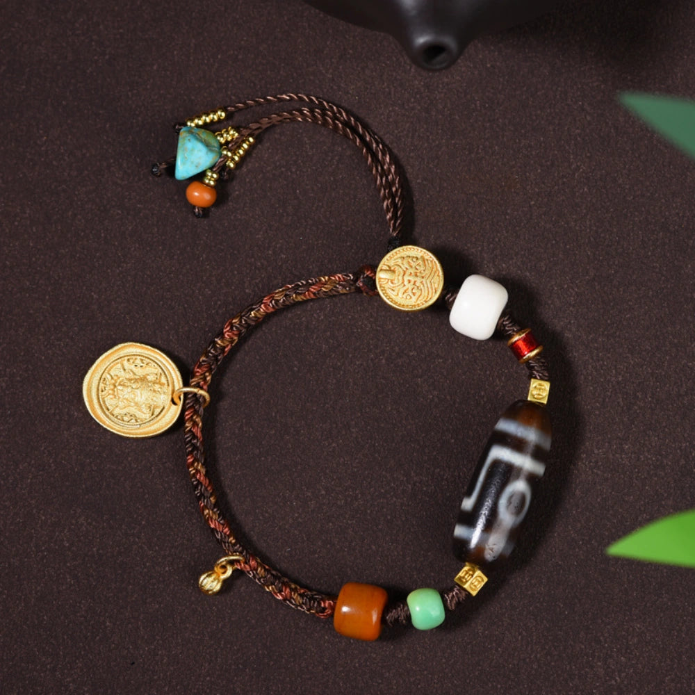 Authentic Two Eyed Dzi Bead Bracelet Agate Healing Stone Empowerment Jewelry for Women