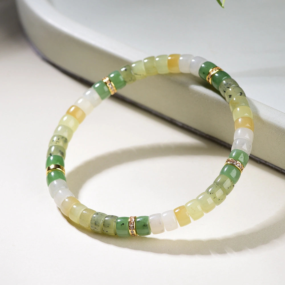 Mulstio Empowerment Bracelet Collection Nan Hong Agate Mo Yu and Hetian Jade Tablet Cut Talisman