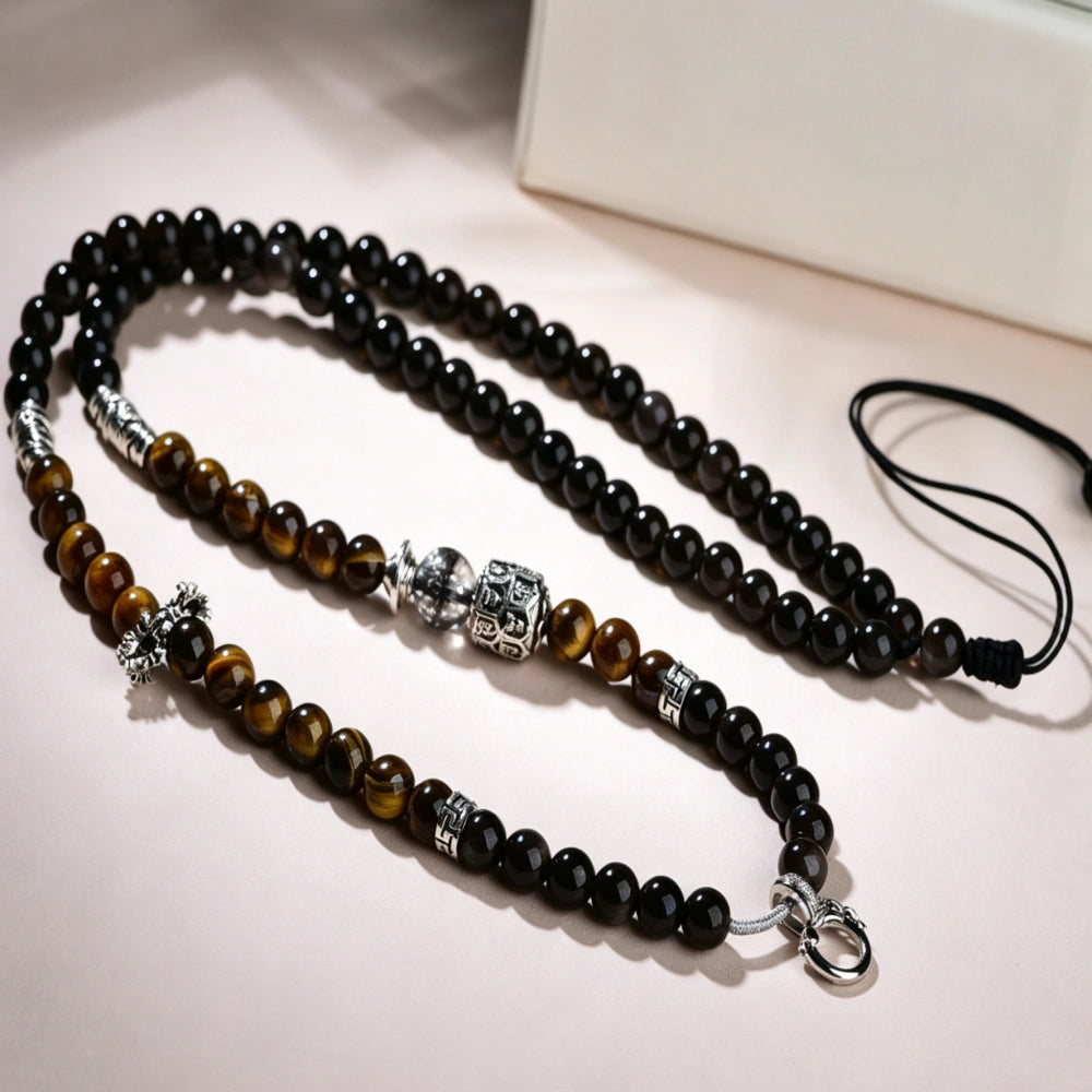 Mulstio Silver Sheen Obsidian Energy Necklace Spiritual Protection Mala Beads for Women Empowering Rituals