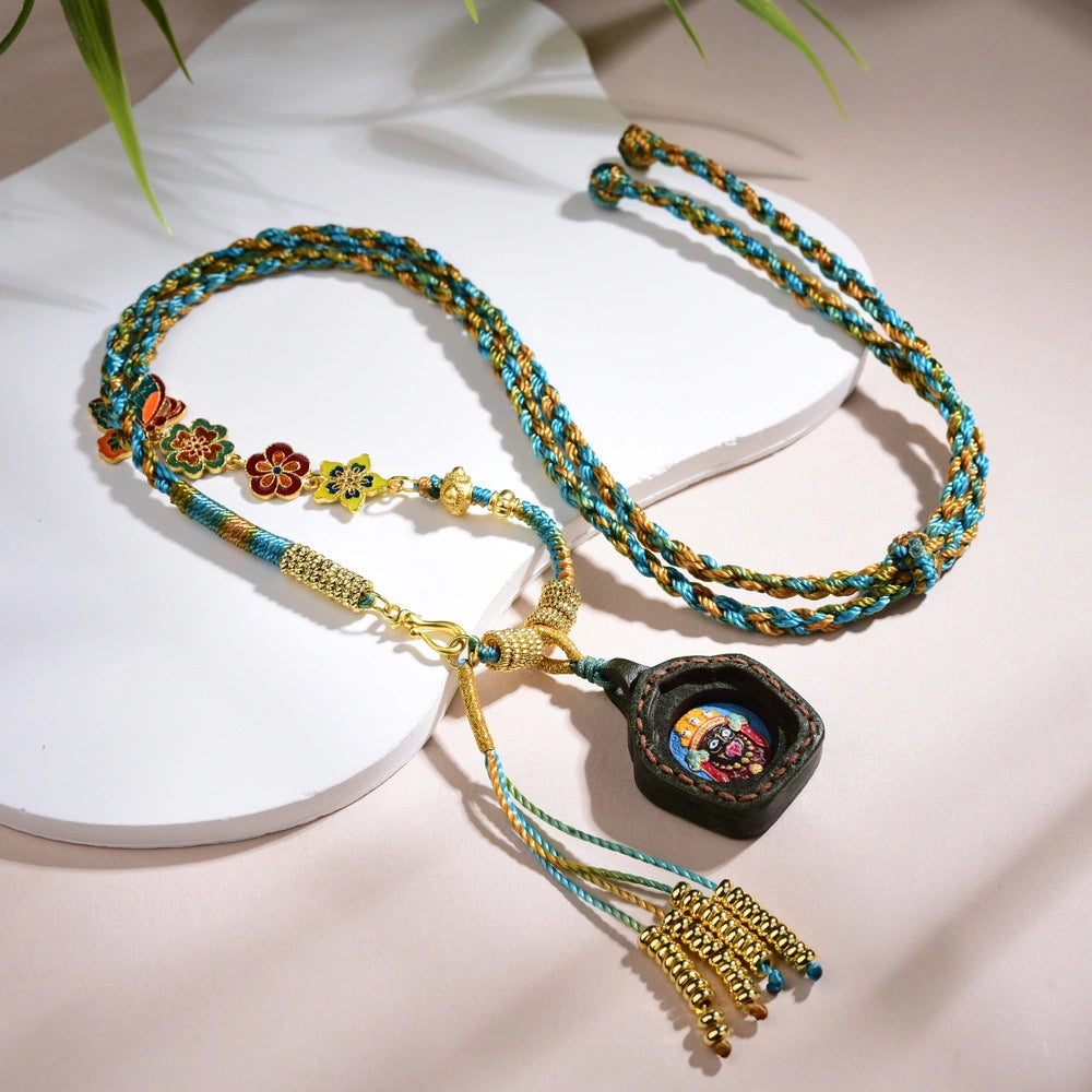 Tibetan Braided Rope Thangka Necklace Leather Amulet Spiritual Abundance Empowering Talisman