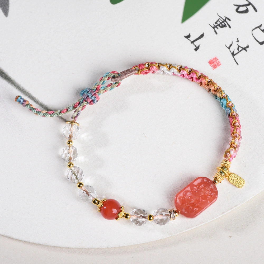 Mulstio Southern Red Agate Peach Blossom Knot Bracelet White Crystal Empowering Handcrafted Jewelry for Vitality