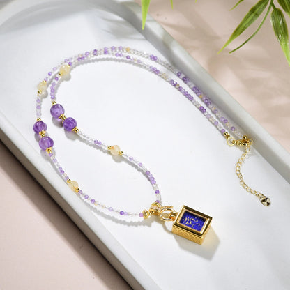Mulstio Vintage Thangka Pendant Necklace Amethyst Green Strawberry Quartz Empowerment Jewelry