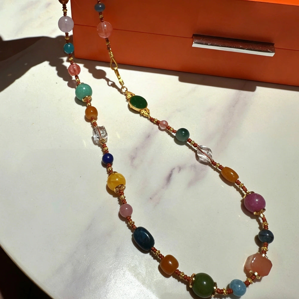 Multicolor Agate and Malay Jade Healing Necklace Multi-Stone Empowerment Beads for Women