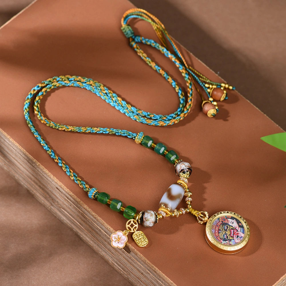 Tibetan Dzi Bead Necklace Zaki Lhamo Thangka Pendant Hand-Woven Wealth Empowerment Amulet
