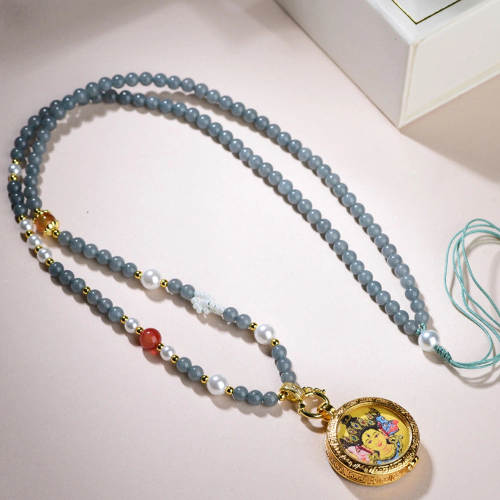 Mulstio Gray Chalcedony Thangka Pendant Necklace Spiritual Empowerment Jewelry for Women
