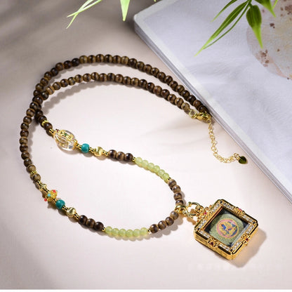 Mulstio Vintage Agarwood Thangka Pendant Necklace Spiritual Protection Jewelry for Women